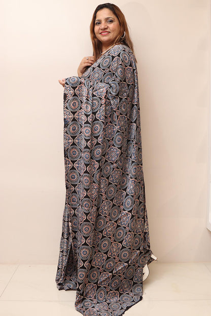 Black Block Printed Ajrakh Modal Silk Saree - Luxurion World