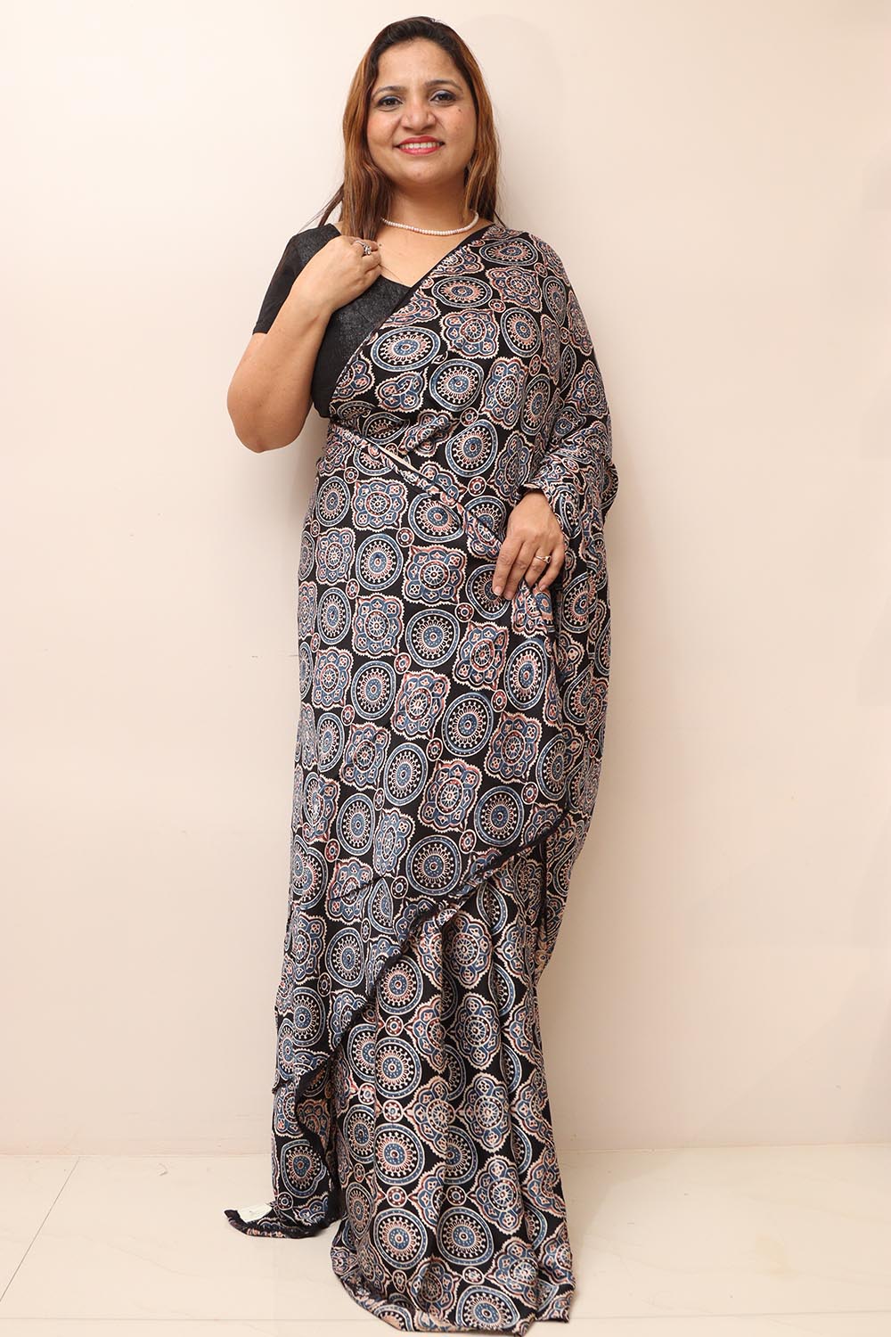 Black Block Printed Ajrakh Modal Silk Saree - Luxurion World
