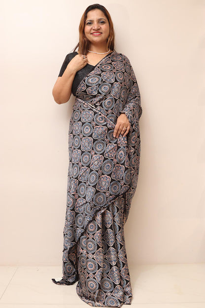 Black Block Printed Ajrakh Modal Silk Saree - Luxurion World