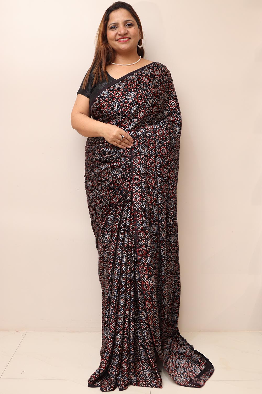 Multicolor Block Printed Ajrakh Modal Silk Saree - Luxurion World