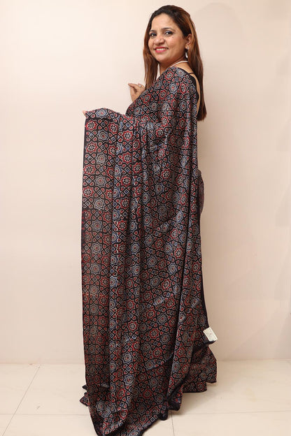 Multicolor Block Printed Ajrakh Modal Silk Saree - Luxurion World