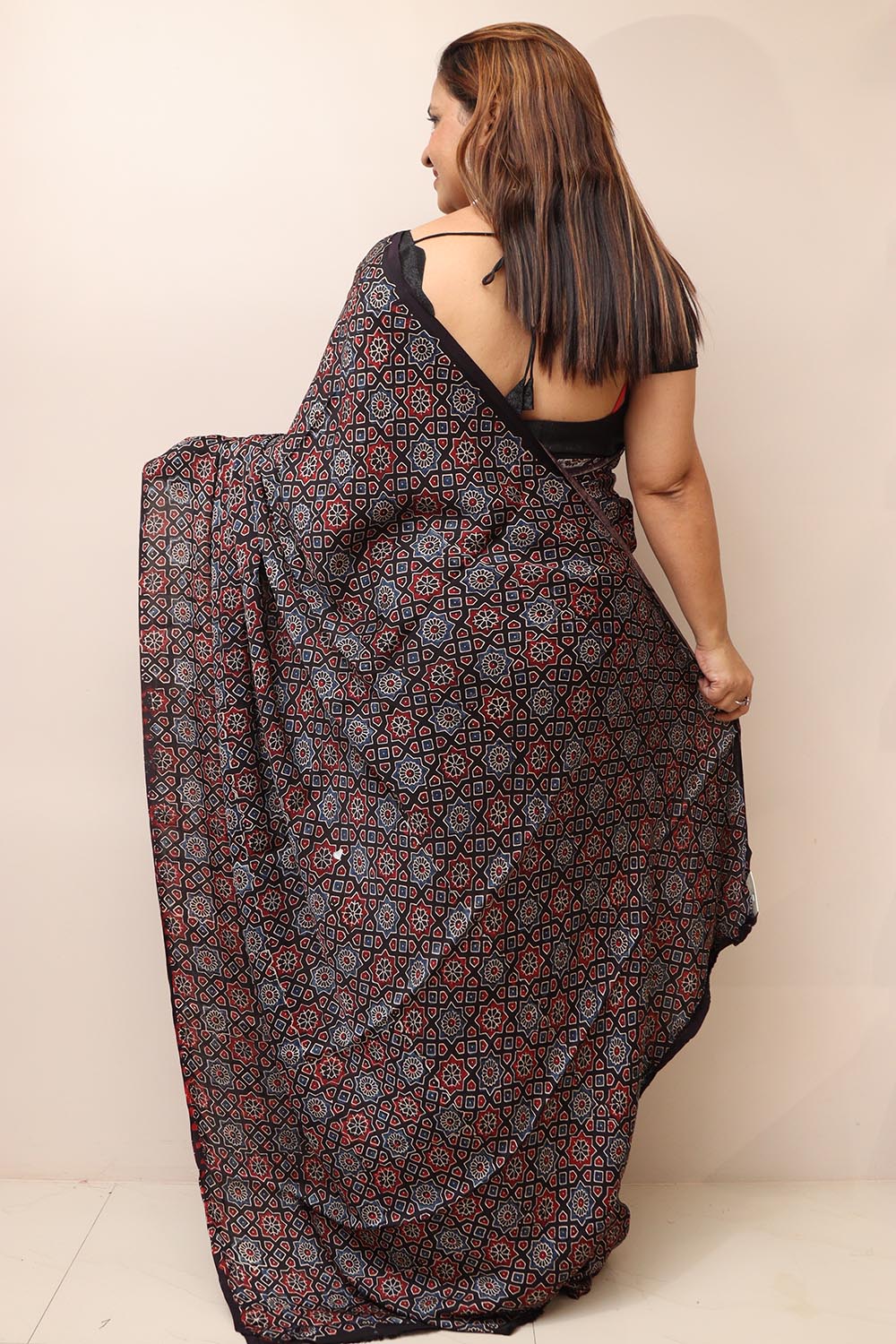 Multicolor Block Printed Ajrakh Modal Silk Saree - Luxurion World