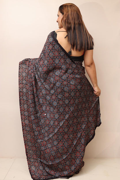 Multicolor Block Printed Ajrakh Modal Silk Saree - Luxurion World