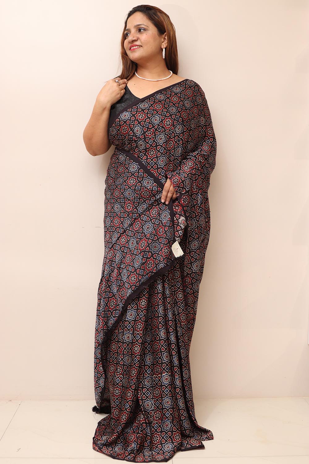 Multicolor Block Printed Ajrakh Modal Silk Saree - Luxurion World