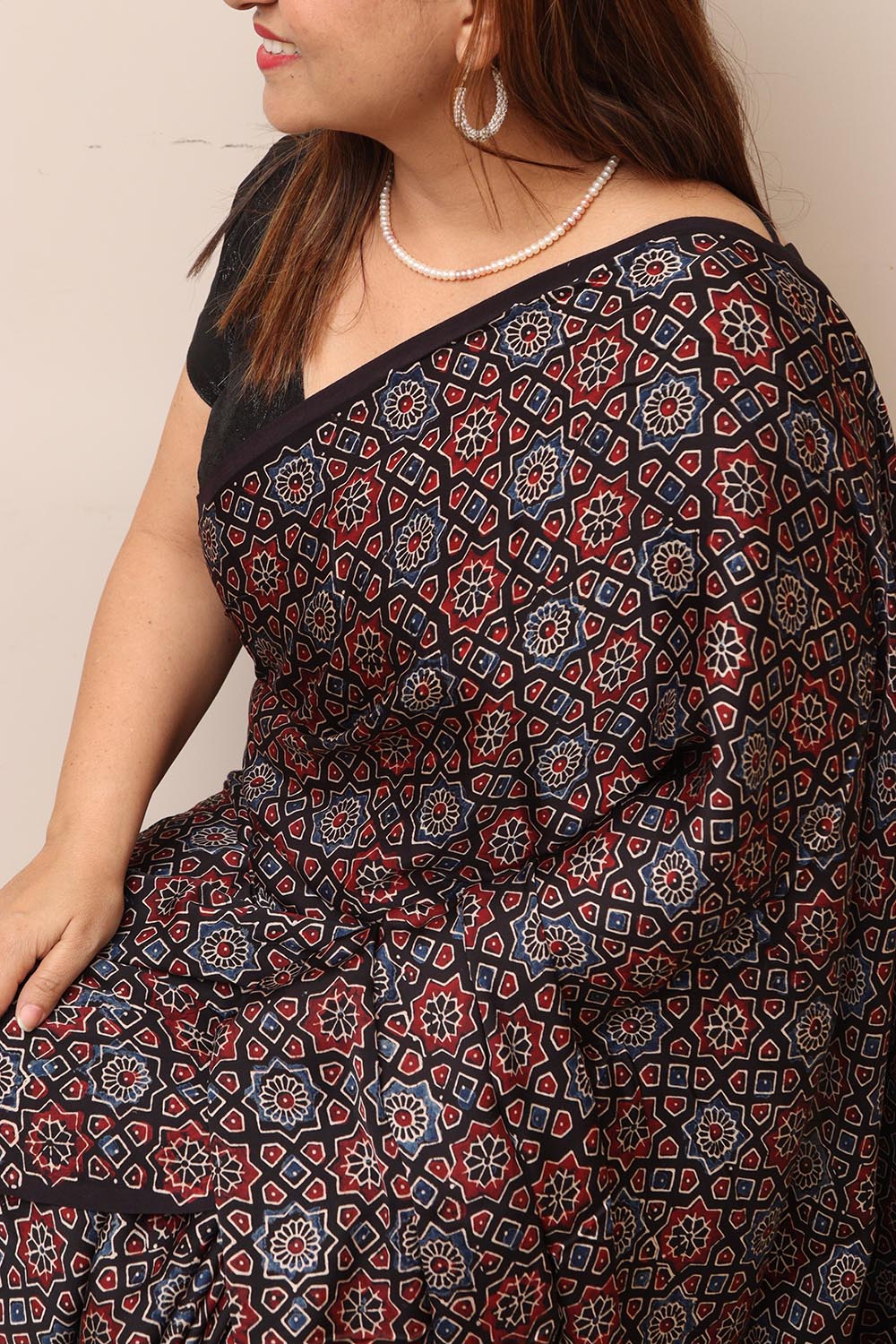 Multicolor Block Printed Ajrakh Modal Silk Saree - Luxurion World