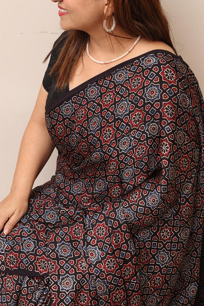 Multicolor Block Printed Ajrakh Modal Silk Saree - Luxurion World