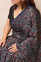 Blue Block Printed Ajrakh Modal Silk Saree - Luxurion World