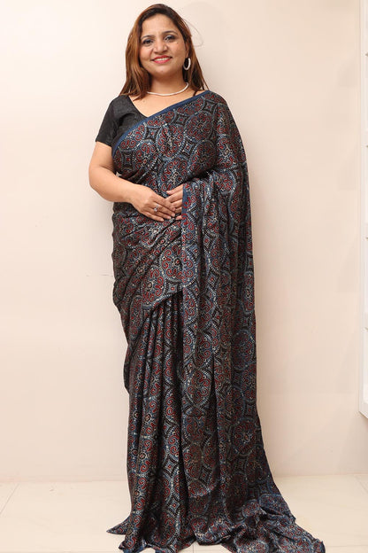 Blue Block Printed Ajrakh Modal Silk Saree