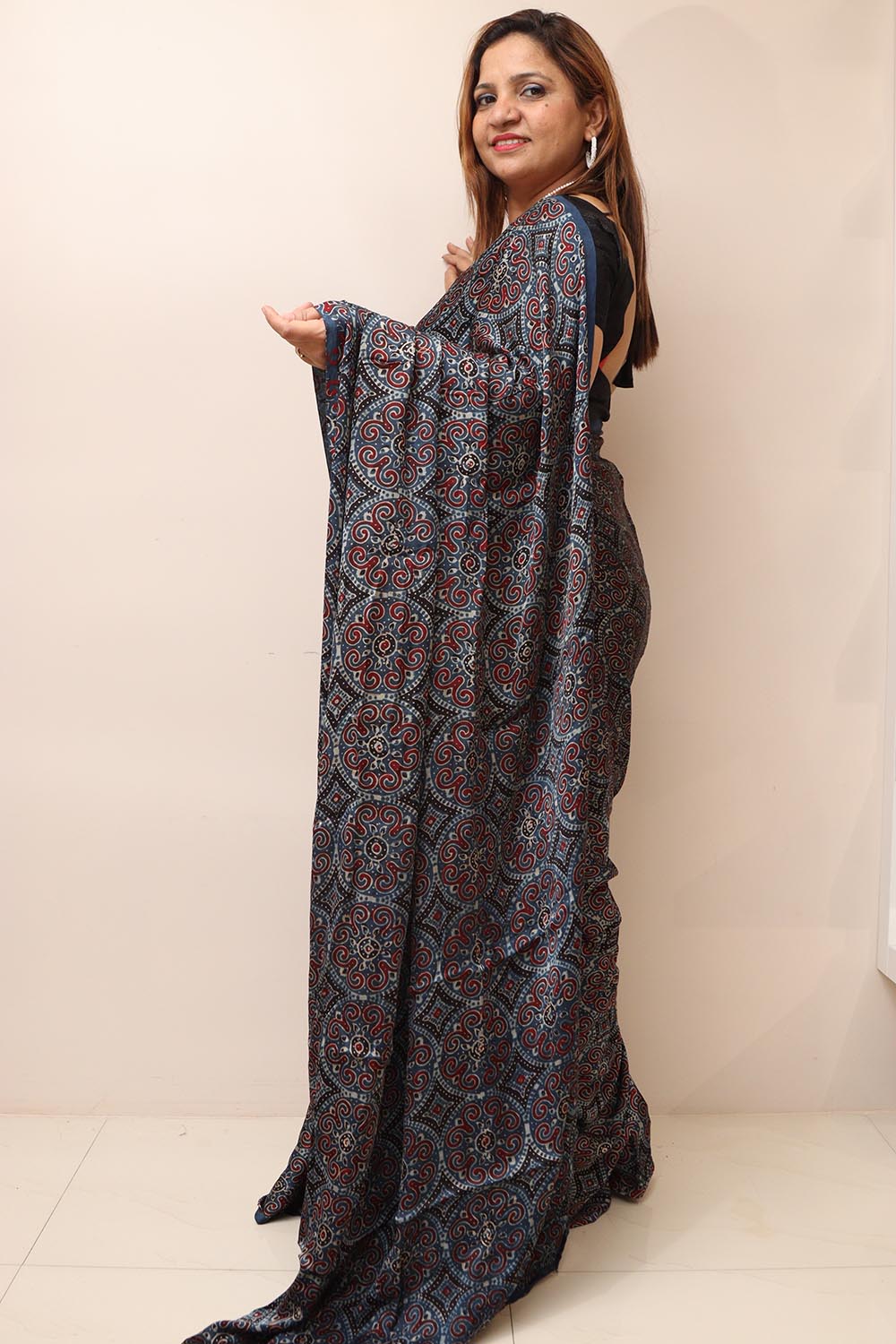 Blue Block Printed Ajrakh Modal Silk Saree - Luxurion World