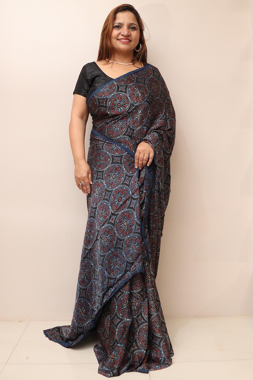 Blue Block Printed Ajrakh Modal Silk Saree - Luxurion World