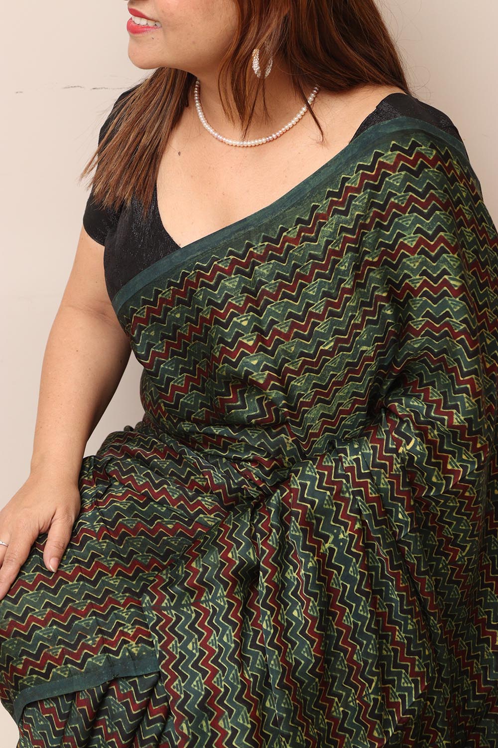 Multicolor Block Printed Ajrakh Modal Silk Saree - Luxurion World
