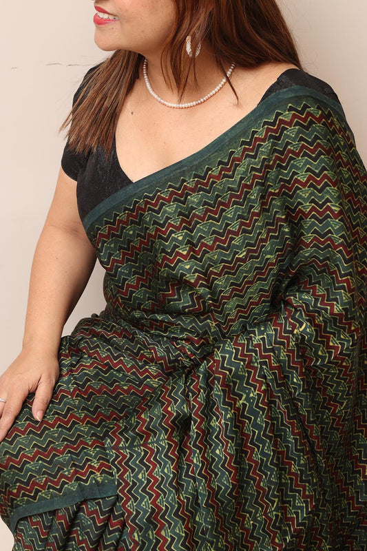 Multicolor Block Printed Ajrakh Modal Silk Saree