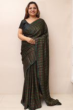 Multicolor Block Printed Ajrakh Modal Silk Saree - Luxurion World