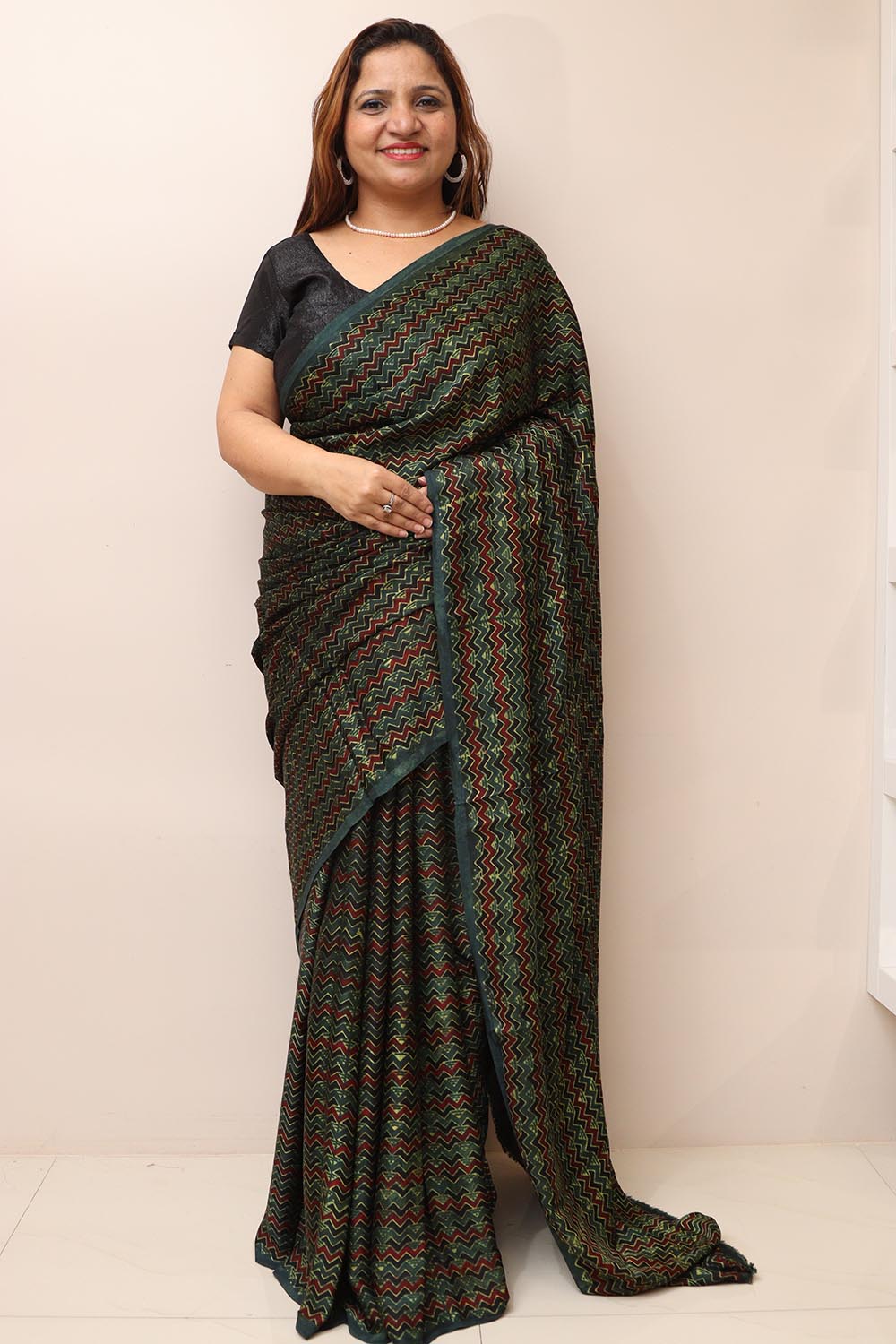 Multicolor Block Printed Ajrakh Modal Silk Saree - Luxurion World