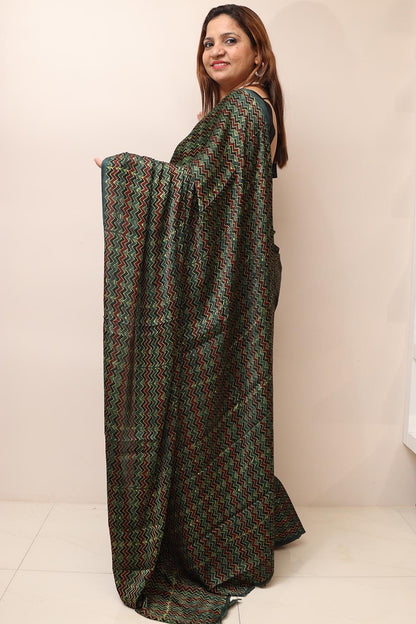 Multicolor Block Printed Ajrakh Modal Silk Saree