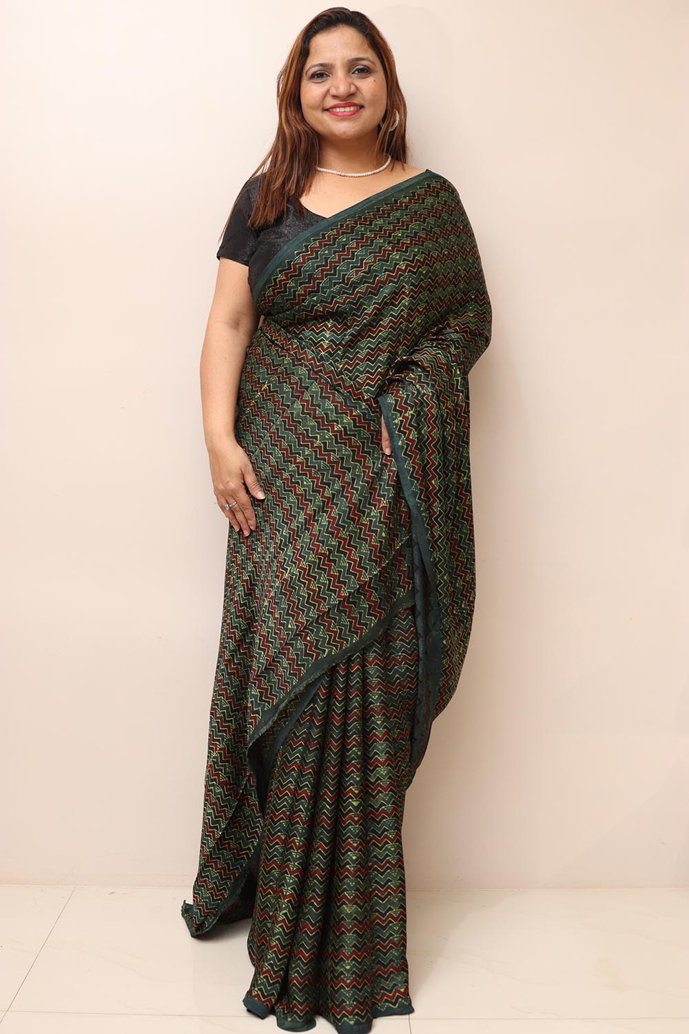 Multicolor Block Printed Ajrakh Modal Silk Saree - Luxurion World