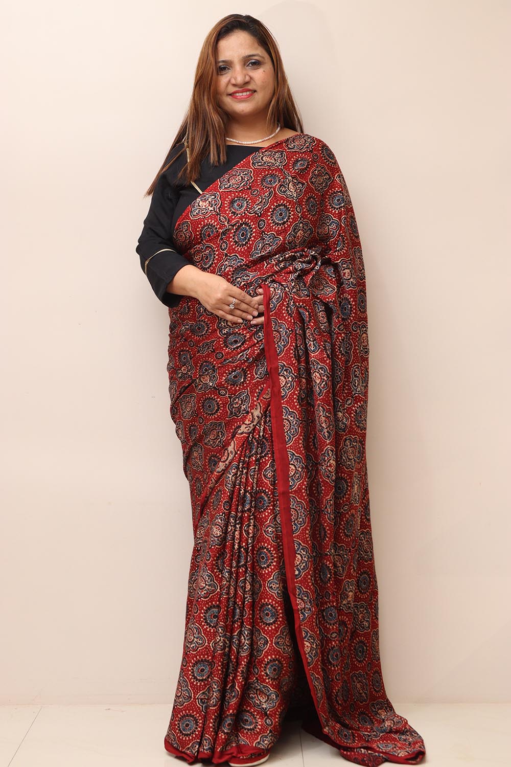Red Block Printed Ajrakh Modal Silk Saree