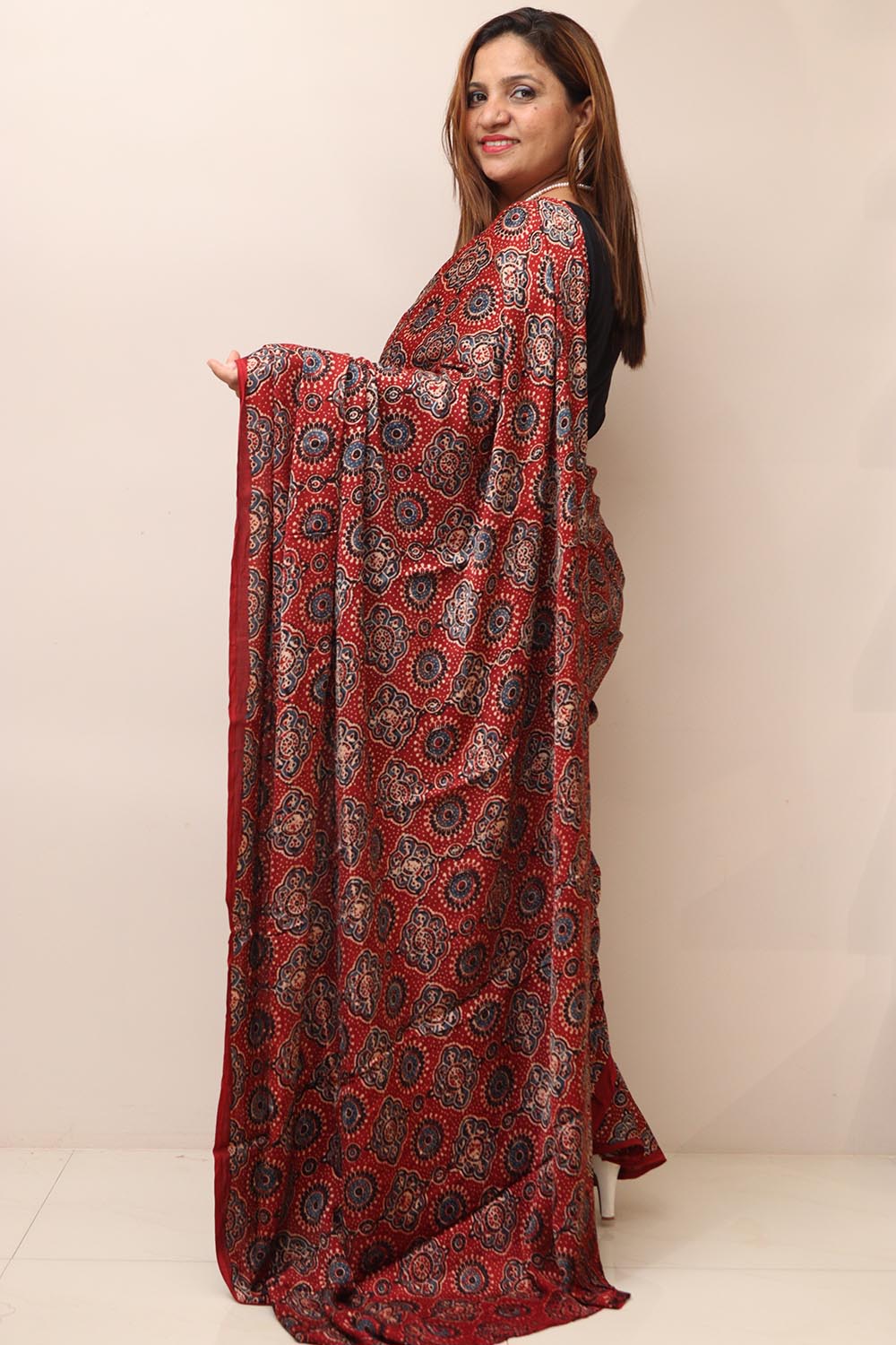 Red Block Printed Ajrakh Modal Silk Saree