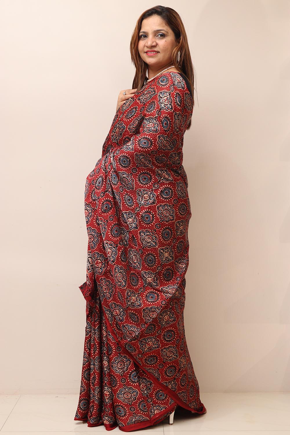 Red Block Printed Ajrakh Modal Silk Saree