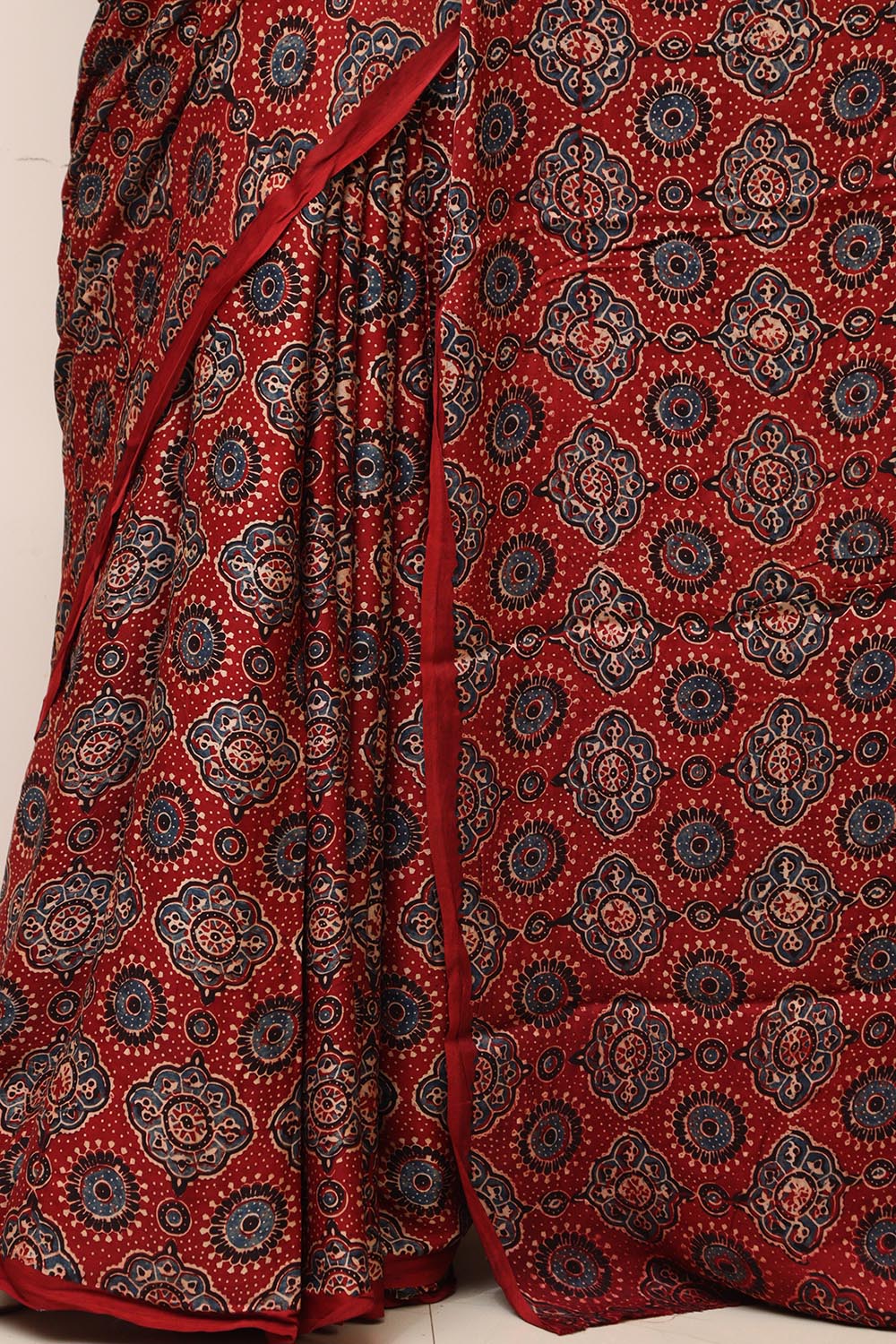 Red Block Printed Ajrakh Modal Silk Saree