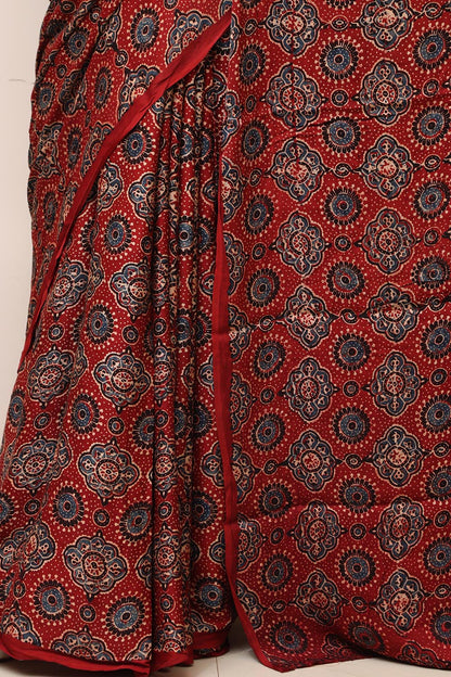 Red Block Printed Ajrakh Modal Silk Saree