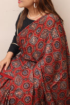 Red Block Printed Ajrakh Modal Silk Saree - Luxurion World