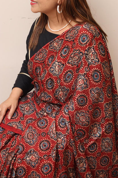 Red Block Printed Ajrakh Modal Silk Saree