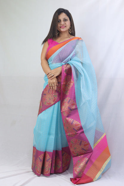 Stunning Blue Handloom Banarasi Kora Silk Saree - Perfect Ethnic Attire - Luxurion World