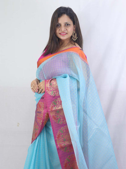 Stunning Blue Handloom Banarasi Kora Silk Saree - Perfect Ethnic Attire
