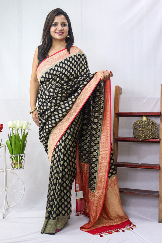 Black Handloom Banarasi Georgette Saree - Elegant Ethnic Wear - Luxurion World