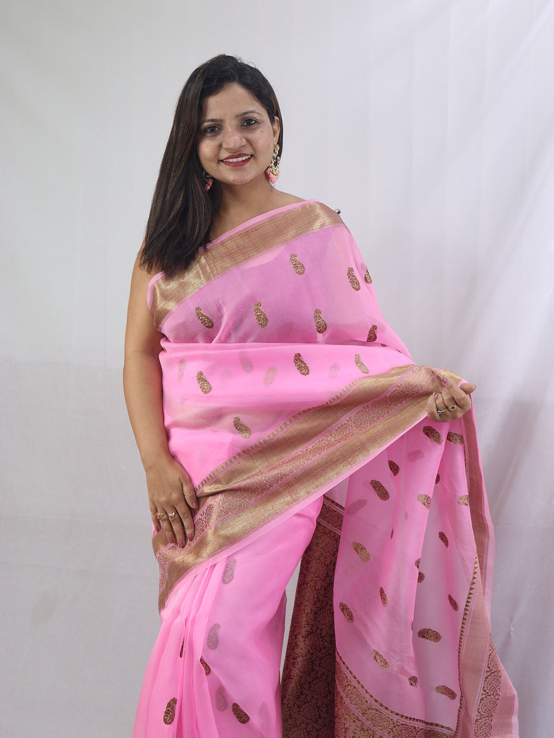Exquisite Pink Handloom Banarasi Pure Kora Silk Saree - Perfect for Any Occasion