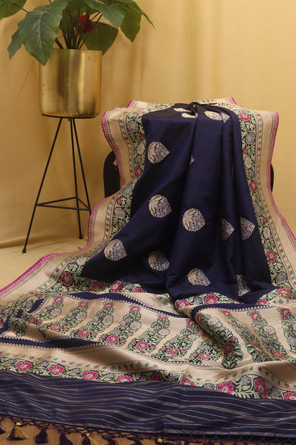 Blue Handloom Banarasi Katan Silk Meenakari Saree - Elegant and Traditional - Luxurion World