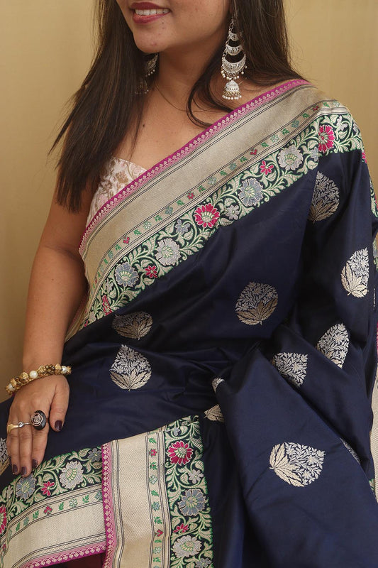 Blue Handloom Banarasi Katan Silk Meenakari Saree - Elegant and Traditional