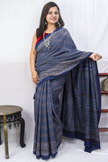 Blue Block Printed Ajrakh Work Cotton Saree - Luxurion World