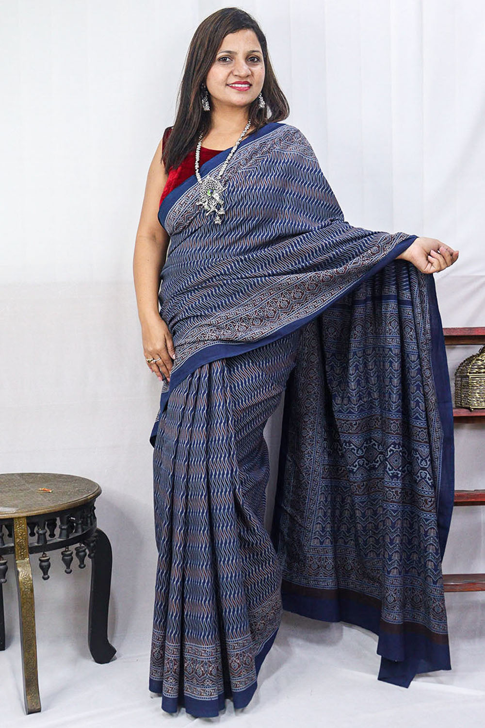 Blue Block Printed Ajrakh Work Cotton Saree - Luxurion World