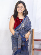 Blue Block Printed Ajrakh Work Cotton Saree - Luxurion World