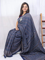 Blue Block Printed Ajrakh Work Cotton Saree - Luxurion World