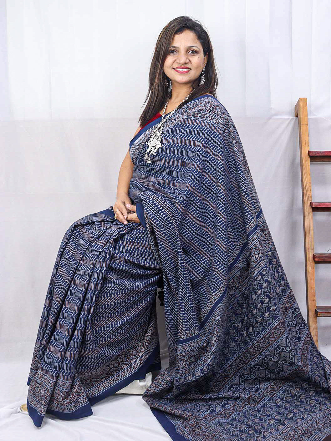 Blue Block Printed Ajrakh Work Cotton Saree - Luxurion World