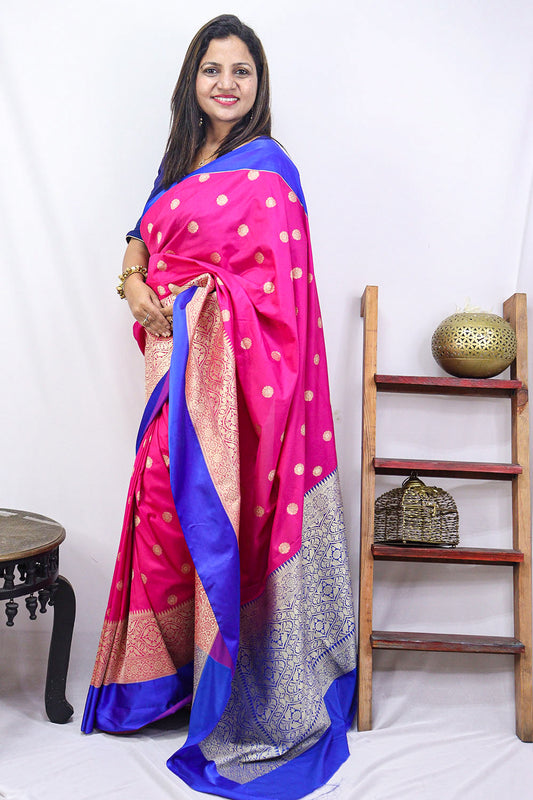 Shop Now for Pink Handloom Banarasi Soft Silk Saree with Contrast Border - Latest Collection - Luxurion World