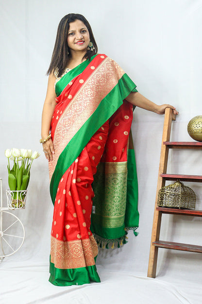Get the Latest Green and Red Handloom Banarasi Silk Saree with Contrast Border - Shop Now!