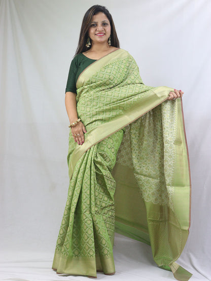 Green Banarasi Cotton Silk Saree - Elegant Ethnic Wear for Women
