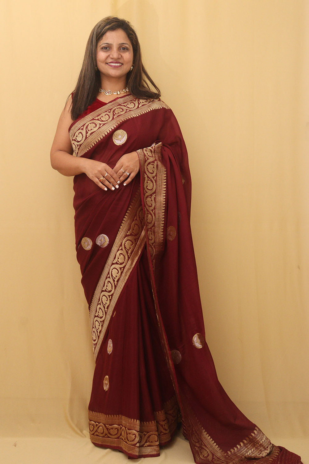 Stunning Maroon Handloom Banarasi Georgette Saree with Sona Roopa