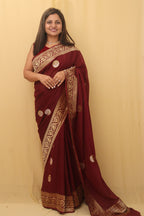 Stunning Maroon Handloom Banarasi Georgette Saree with Sona Roopa - Luxurion World