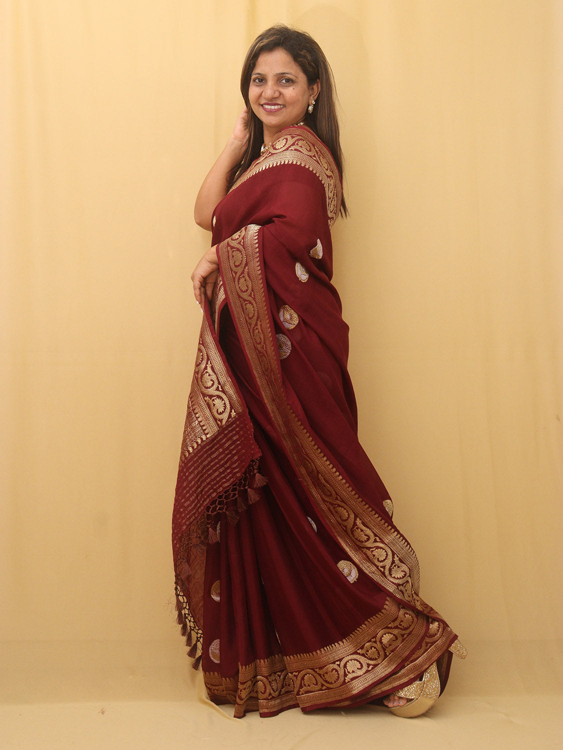 Stunning Maroon Handloom Banarasi Georgette Saree with Sona Roopa