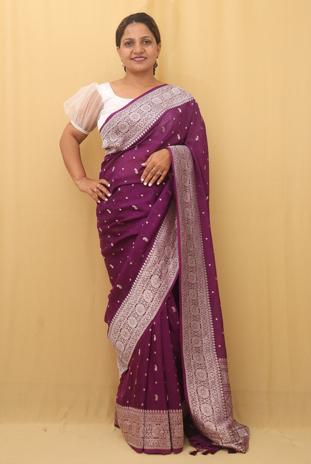 Purple Handloom Banarasi Pure Georgette Silver Zari Saree - Luxurion World