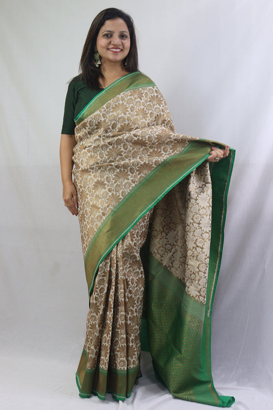 Off White and Green Floral Banarasi Silk Saree - Luxurion World