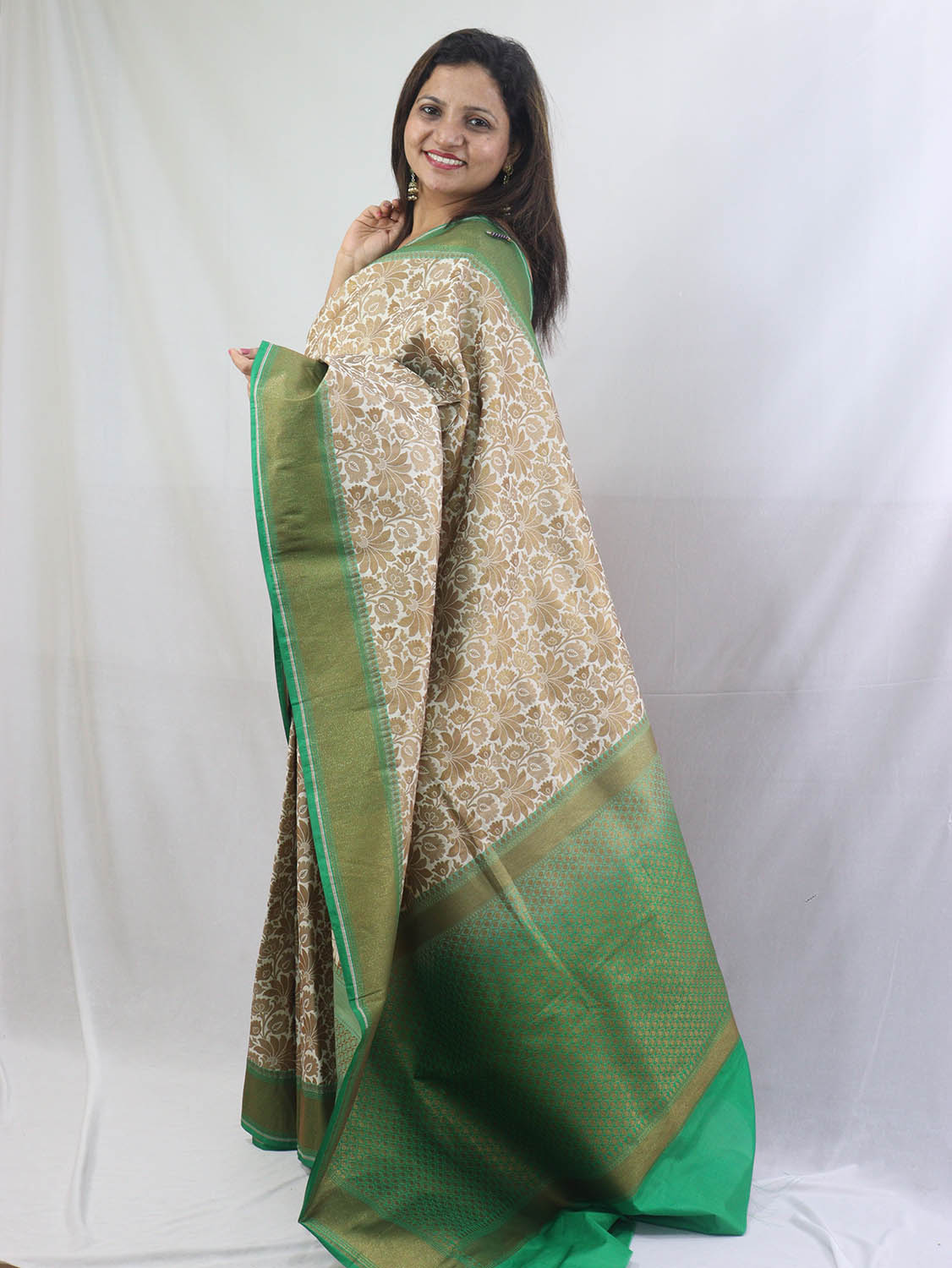 Off White and Green Floral Banarasi Silk Saree - Luxurion World