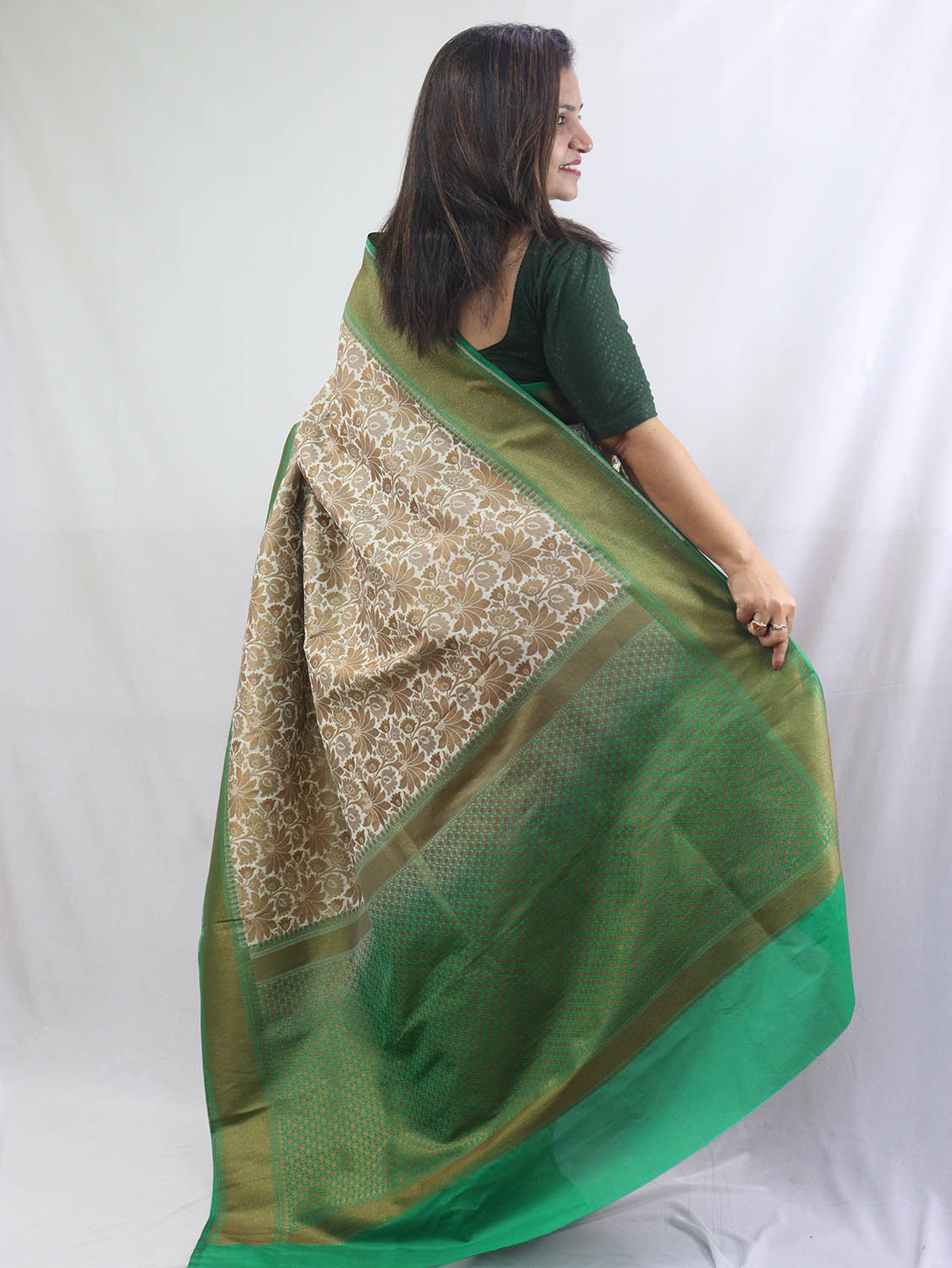 Off White and Green Floral Banarasi Silk Saree - Luxurion World