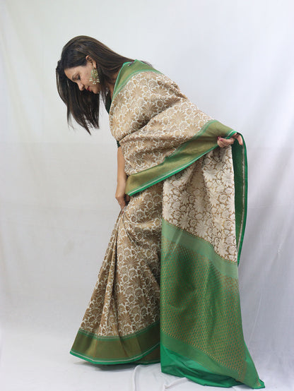 Off White and Green Floral Banarasi Silk Saree