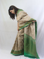 Off White and Green Floral Banarasi Silk Saree - Luxurion World